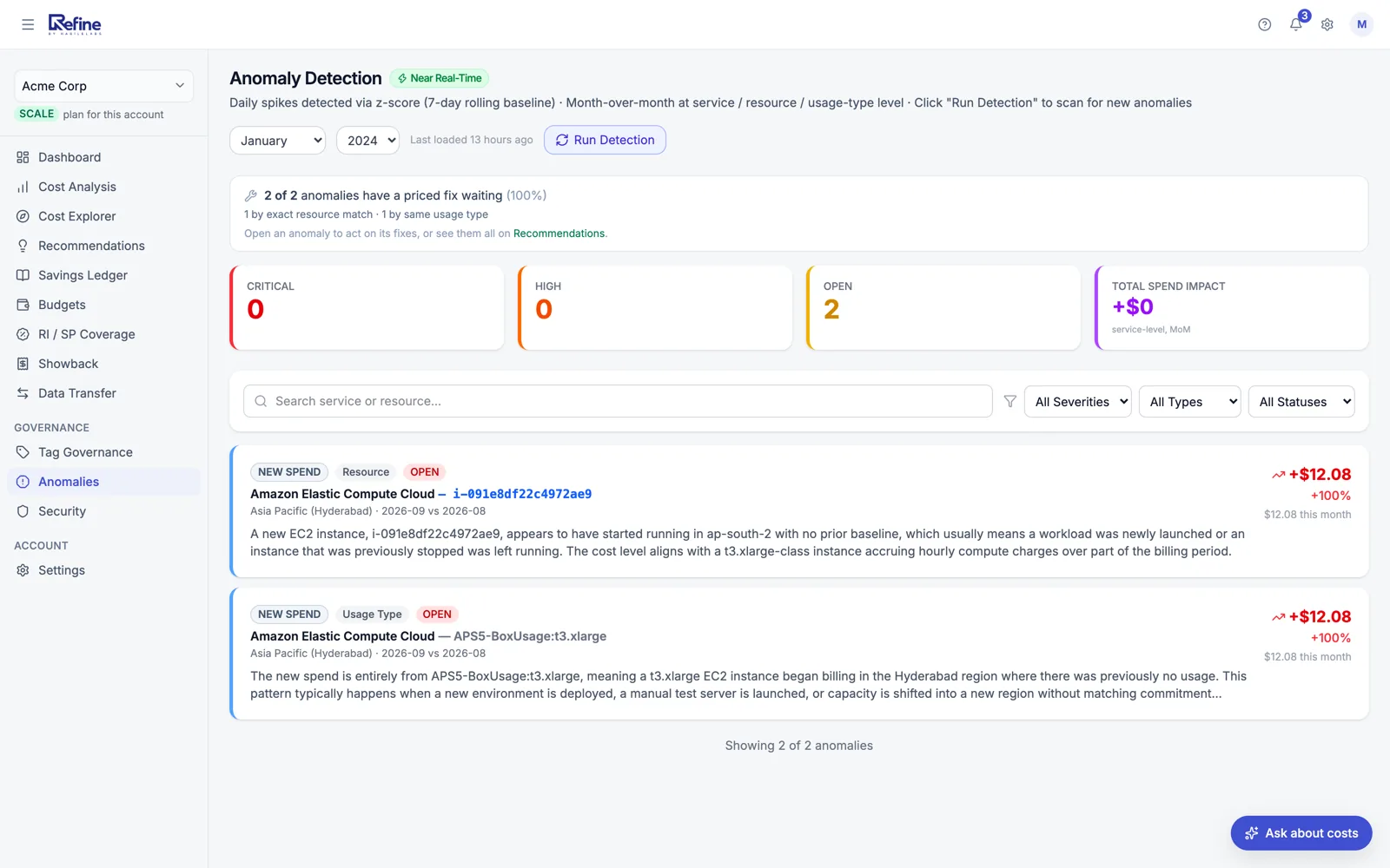 Refine's Anomaly Detection page: severity counters, two open new-spend anomalies on Amazon EC2 with the instance named, and a plain-English explanation of each