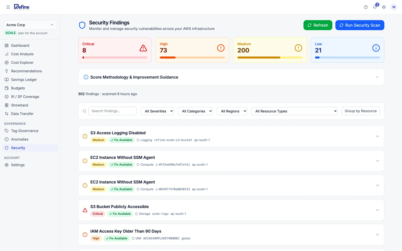 Refine's Security Findings page: 8 critical, 73 high, 200 medium and 21 low findings, with each finding naming the resource, the region and a fix